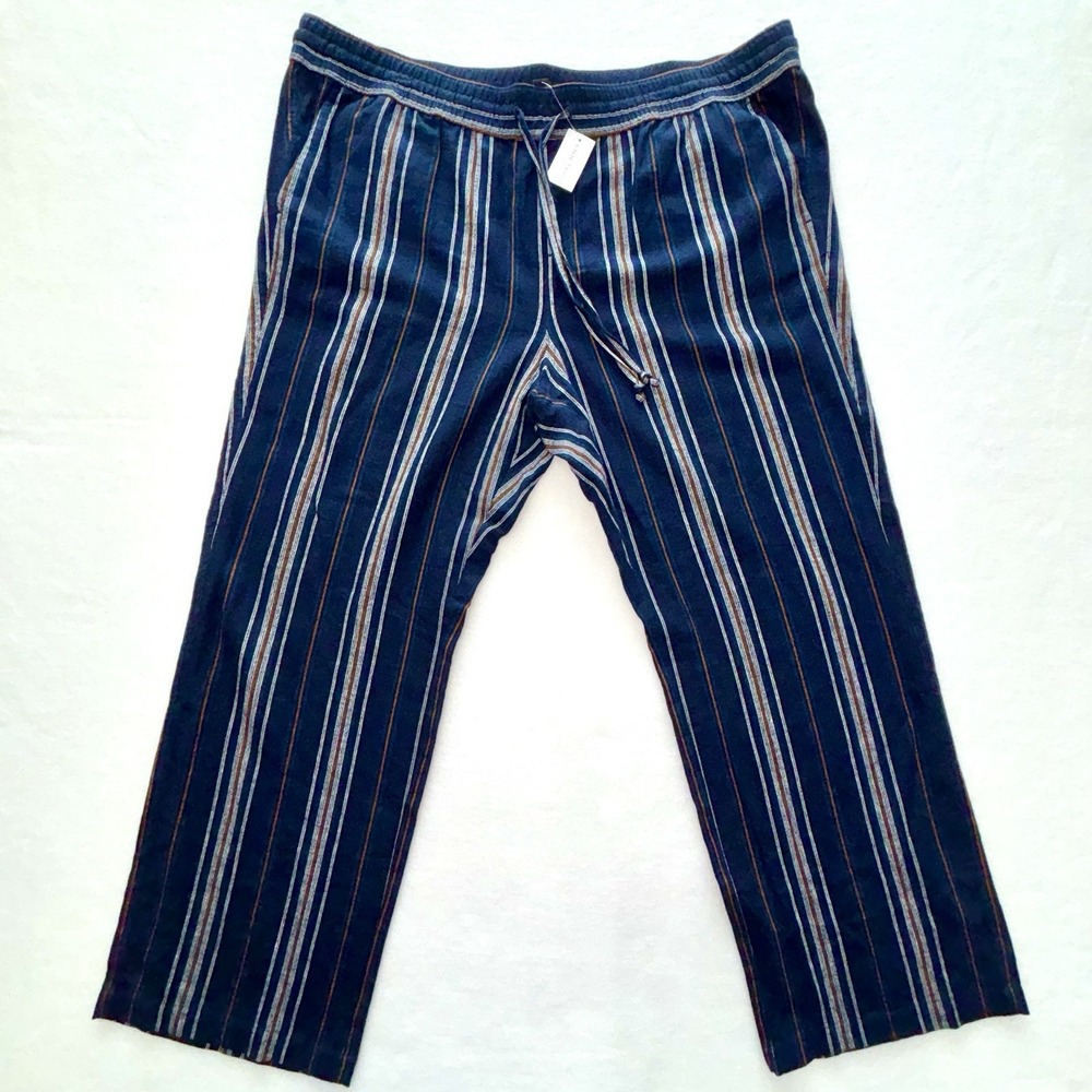 Ann Taylor Factory XL Navy White Striped Linen Blend Wide Leg Drawstring Pants